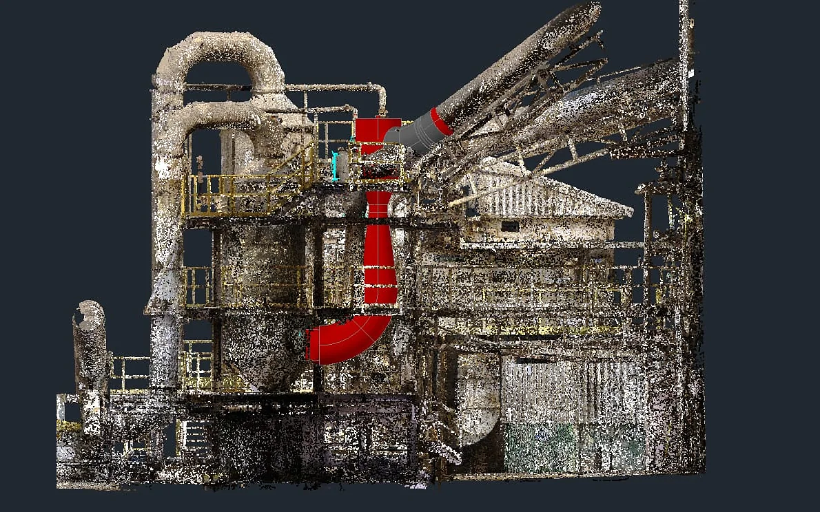 Duto industrial modelado em 3D (vermelho) integrado à nuvem de pontos de laser scanner de uma planta industrial