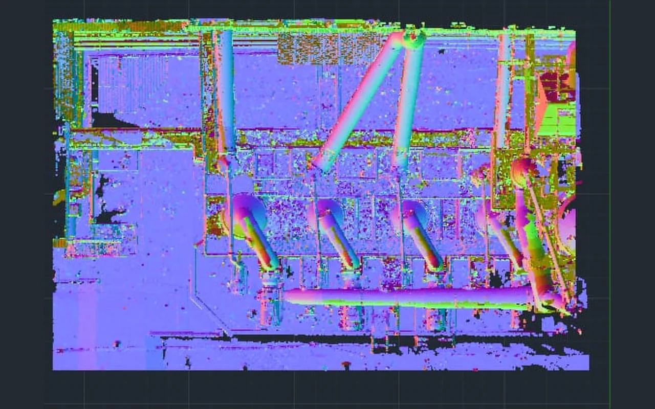 Vista frontal com mapa de normais evidenciando ramais de tubulação e coletor