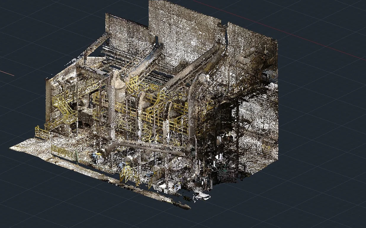 Nuvem de pontos isométrica de laser scanner 3D de instalação industrial com escadas, passarelas e tubulações