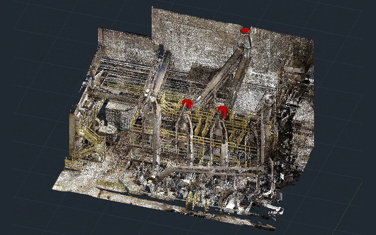 Nuvem de pontos isométrica de planta industrial com marcadores de referência do escaneamento a laser 3D